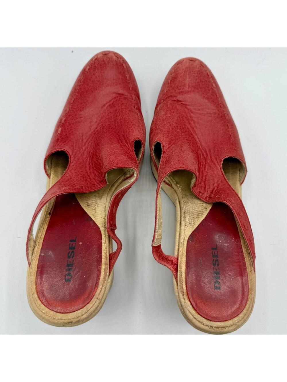 Diesel Red Leather Wedge Mule Slide Shoes – Women's Size 9 | Open Back Cut-Out